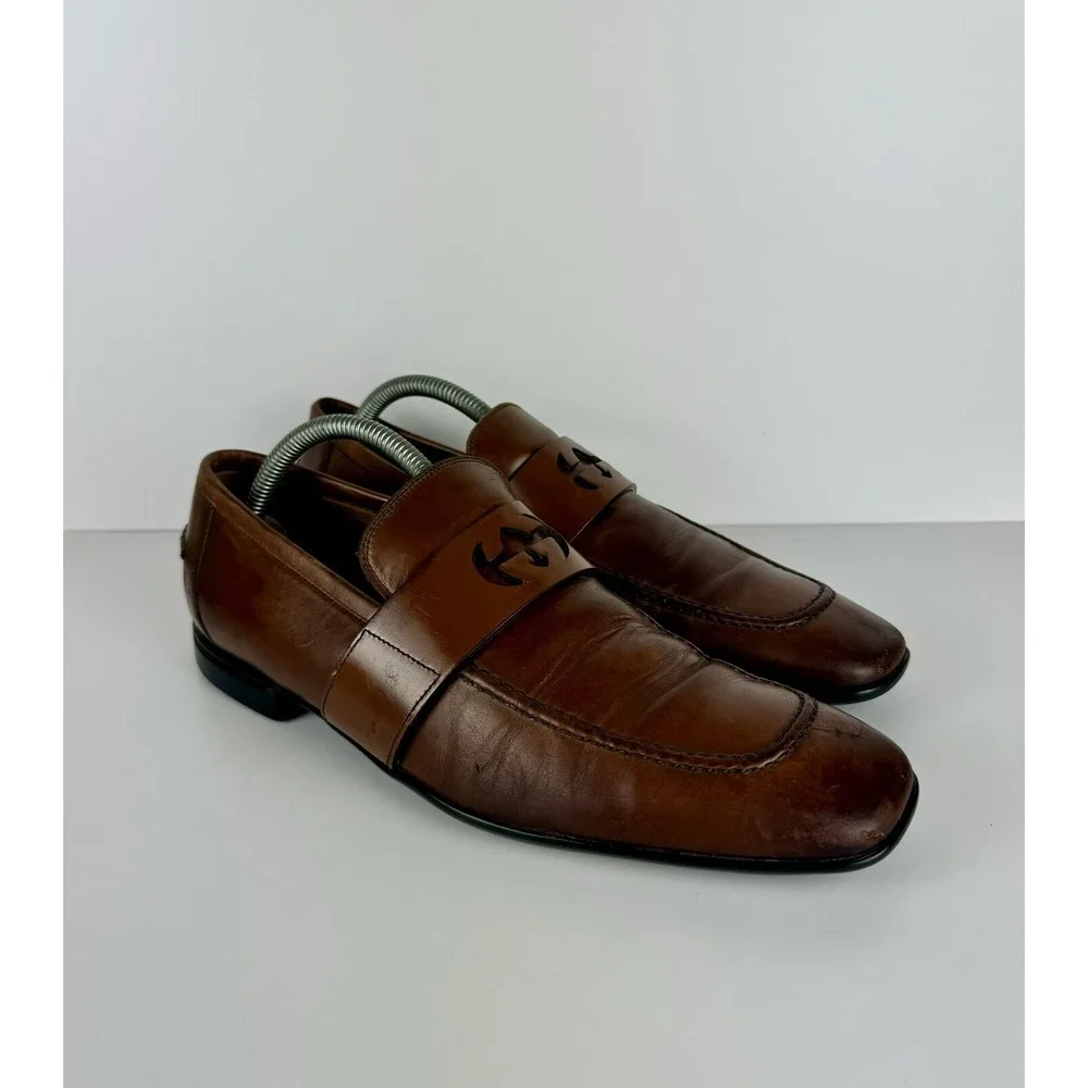 Gucci Men's Brown Leather Mila Wimbledon Logo Loafers Size 6.5 Shoes